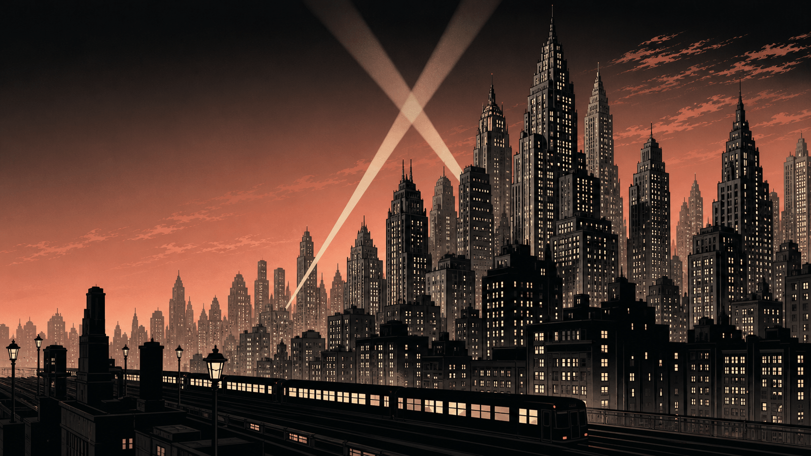 Illustrated nocturnal skyline with elevated rail and searchlights
