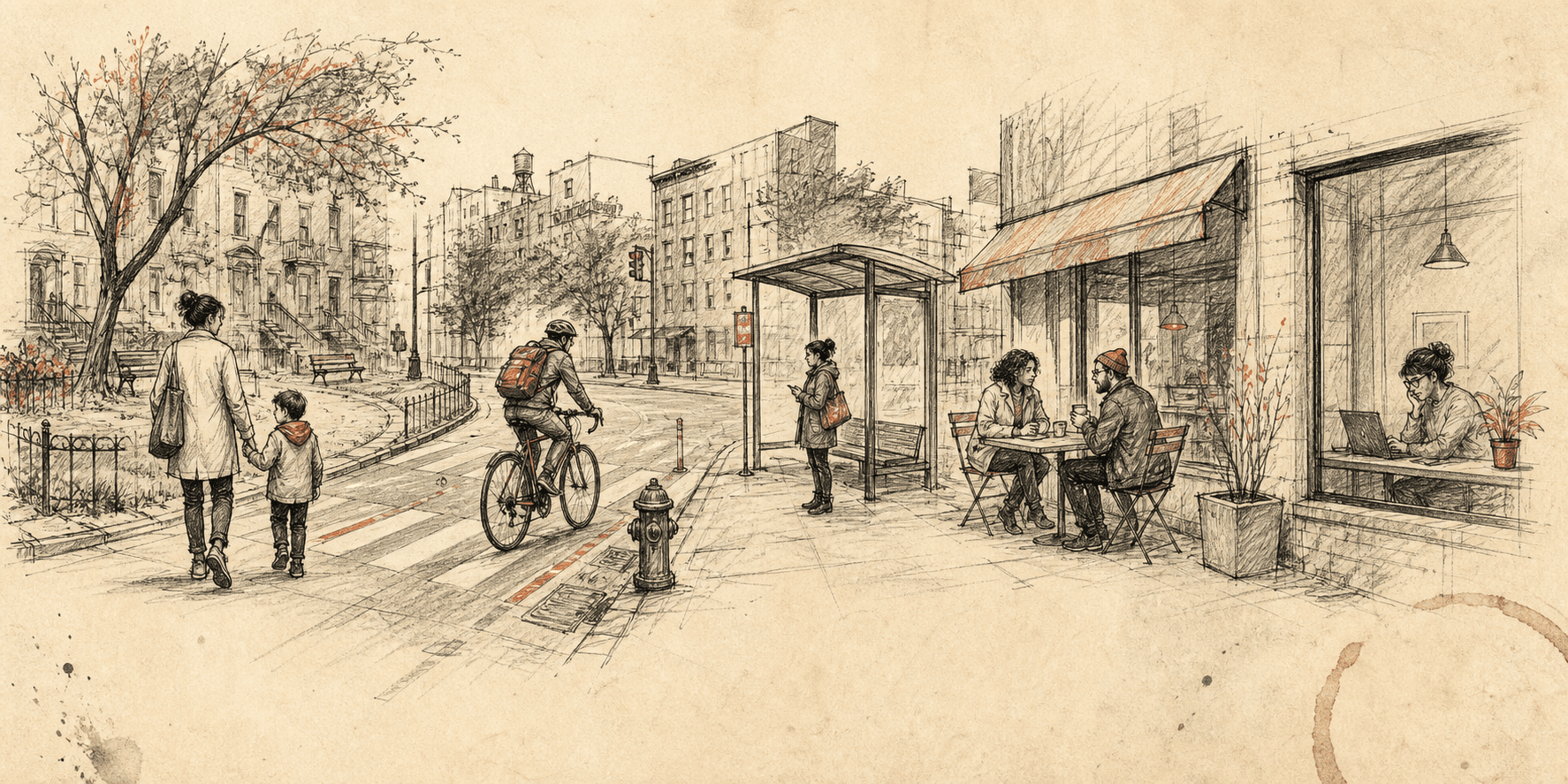 Ink field sketch of family life, cycling, transit, cafe culture, and remote work on a city street